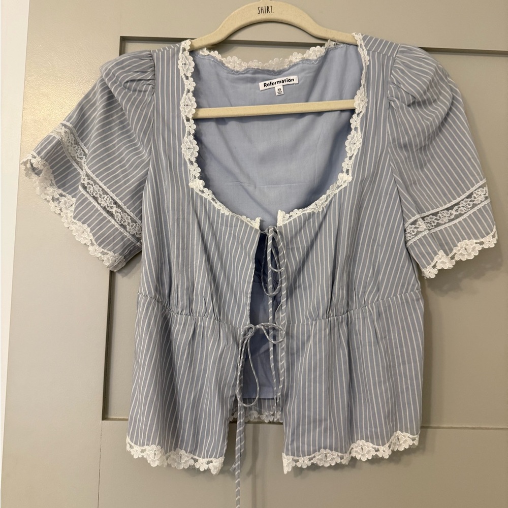 Reformation Blue and White Striped Lace-Trim Peplum Blouse